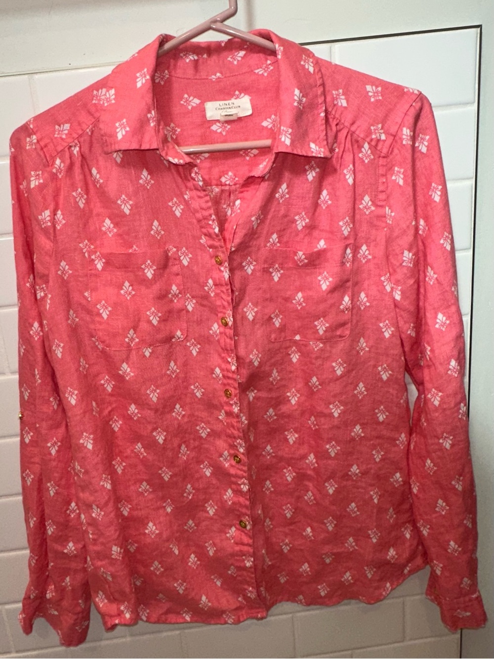 Charter Club 100% Linen Pink Geometric Button Down Shirt - Like New